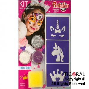 KIT PARA MAQUILLAJE UNICORNIO ACUA 3 COLORES + ESPONJA + STENCIL AUTOADHESIVO 650-04 x 1